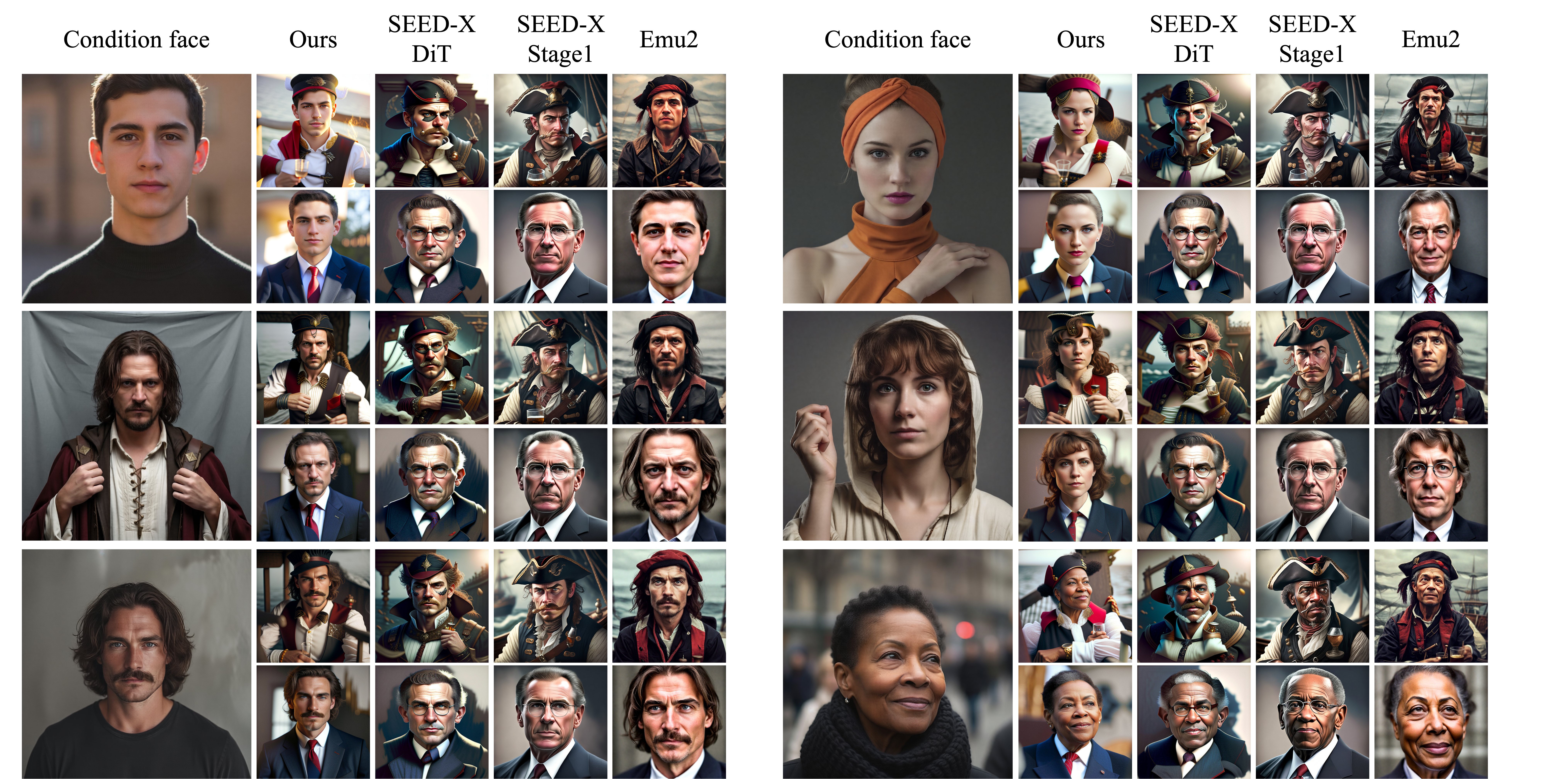 Performance comparison on single-turn personalization task. SEED-X and EMU2 struggle to perserve human faces especially when the condition images and the prompts have conflicts (for example, 'USA president look' with a female face). Our model shows the best tradeoff between face perseveration and prompt alignment.